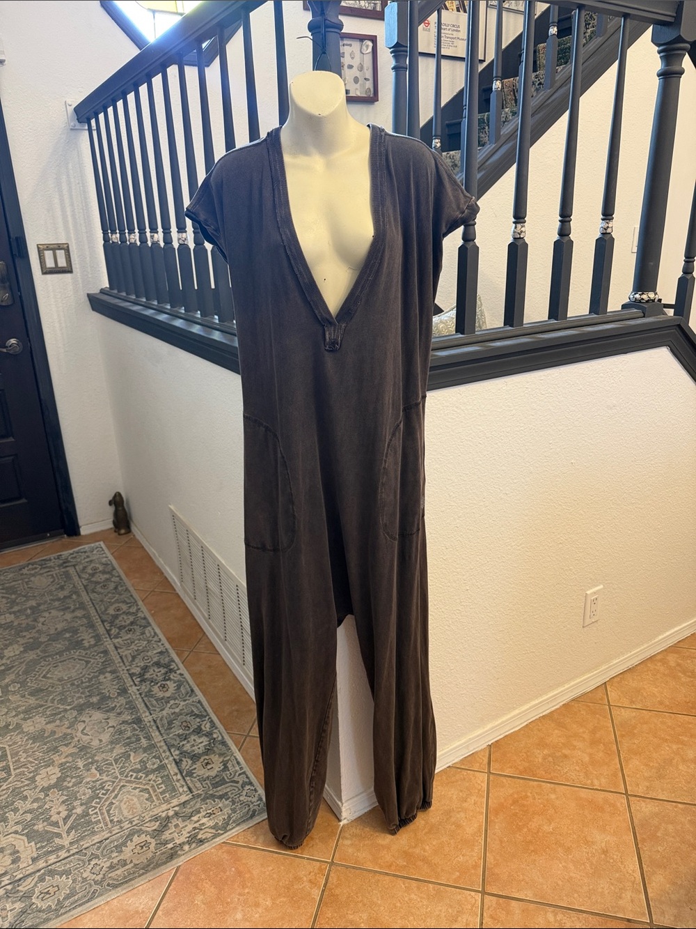 Free People Movement Deep V-Neck Charcoal Grey Jumpsuit